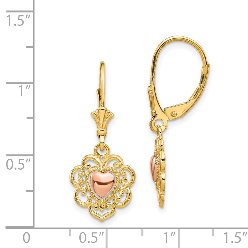 14K Two-tone Heart with Lace Trim Leverback Earrings K4384