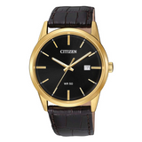 Men’s 39mm Gold Tone Quartz Watch - Black Dial & Brown Leather Strap