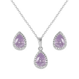 June Birthstone Jewelry Set - Sterling Silver Purple CZ Pear Halo Pendant