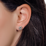 Rhodium Sterling Silver Diamond-Cut Round Earrings with Melee Diamonds