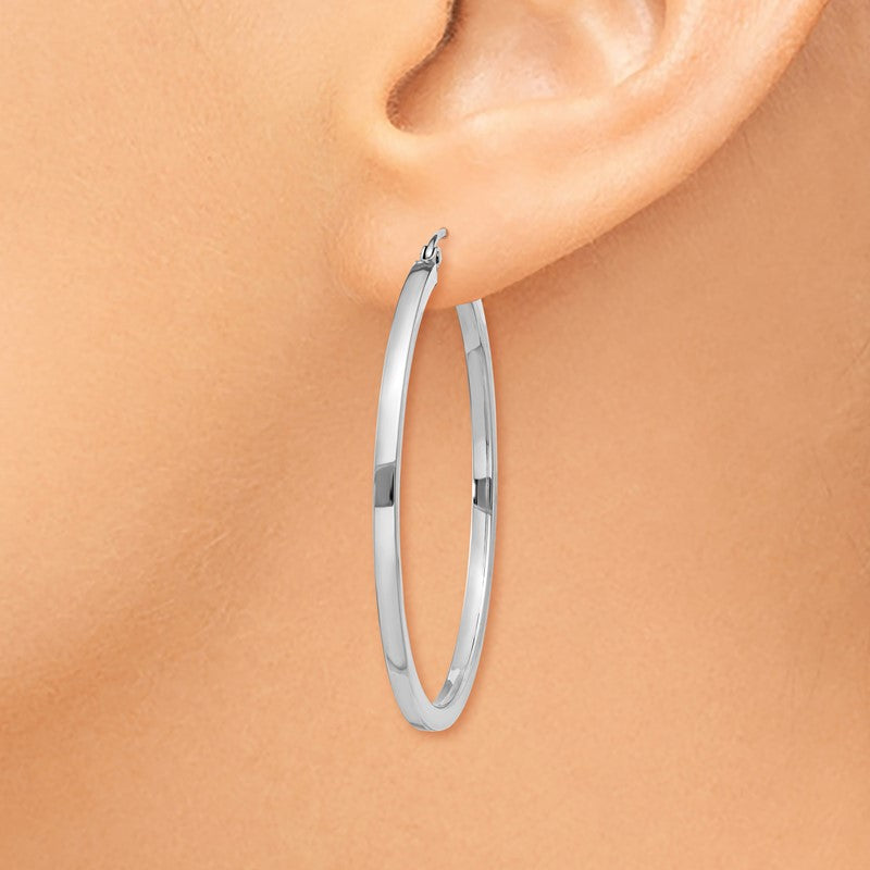 14k White Gold 2x40mm Square Tube Hoop Earrings T1079