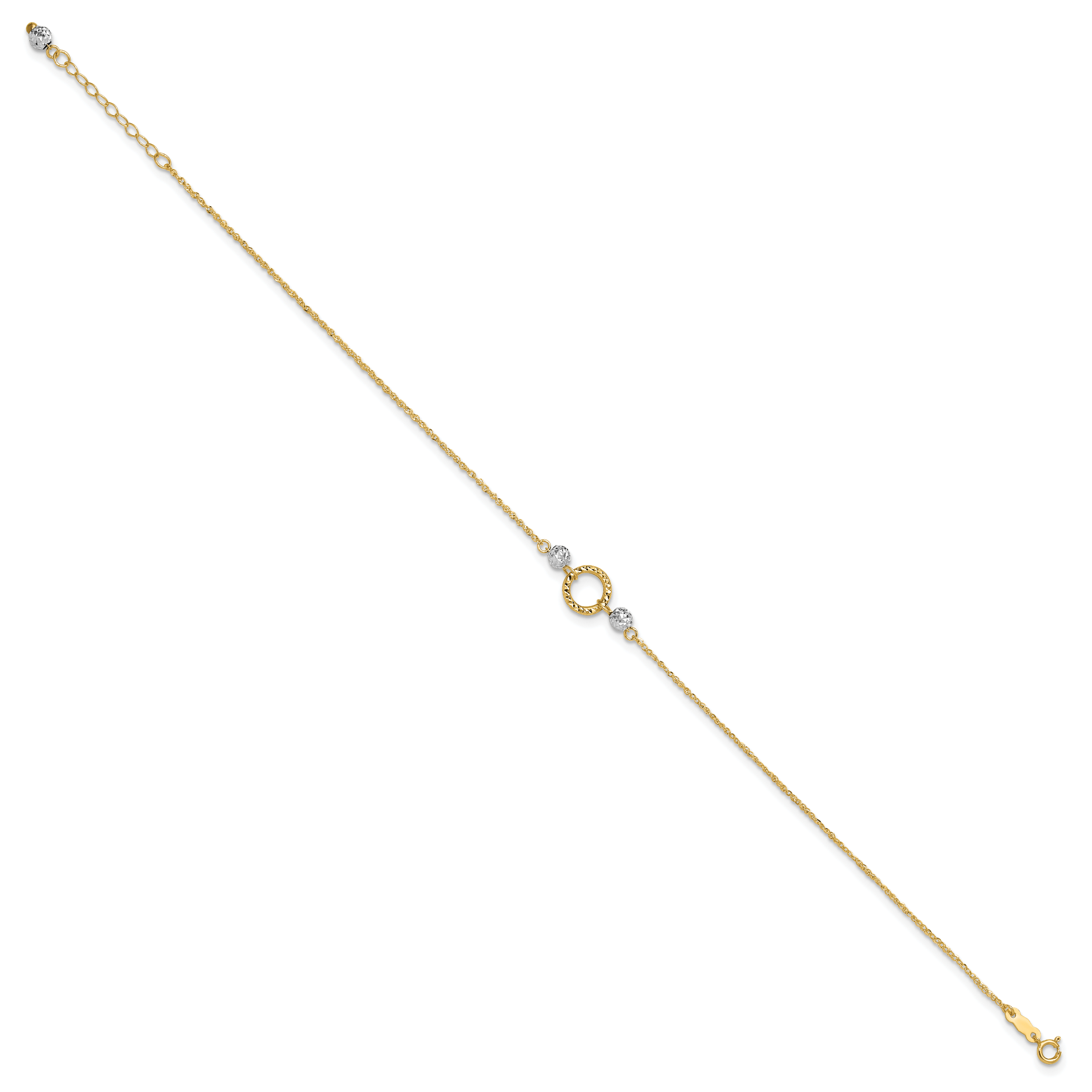 14k Two-tone Circle and Diamond-cut Beads 9 inch Plus 1 inch Bead Dangle Extender - Total 10 inch Anklet ANK228