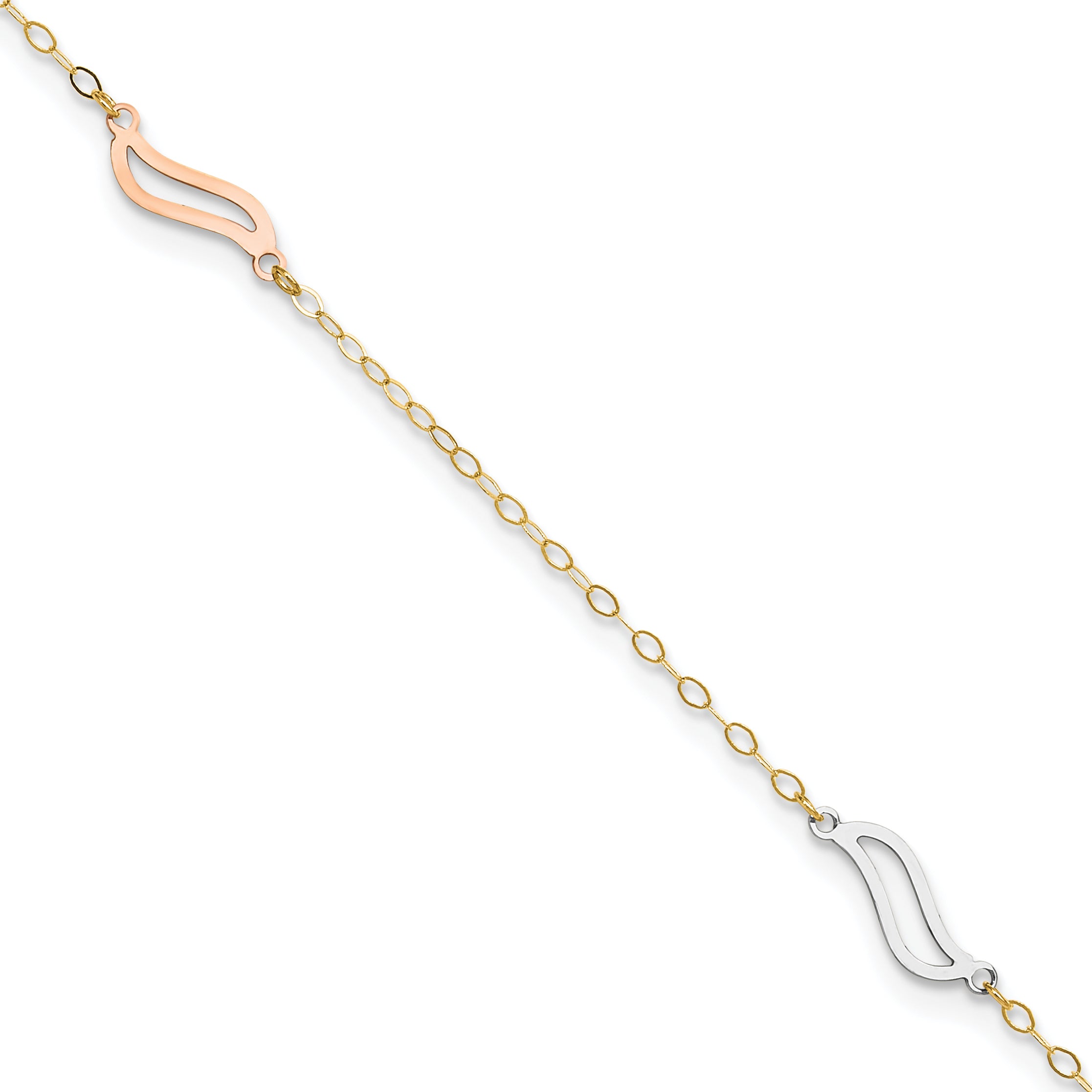14K Tri-color Open Wavy Links 3-Station 9 inch Plus 1 inch Extender - Total 10 inch Anklet ANK268