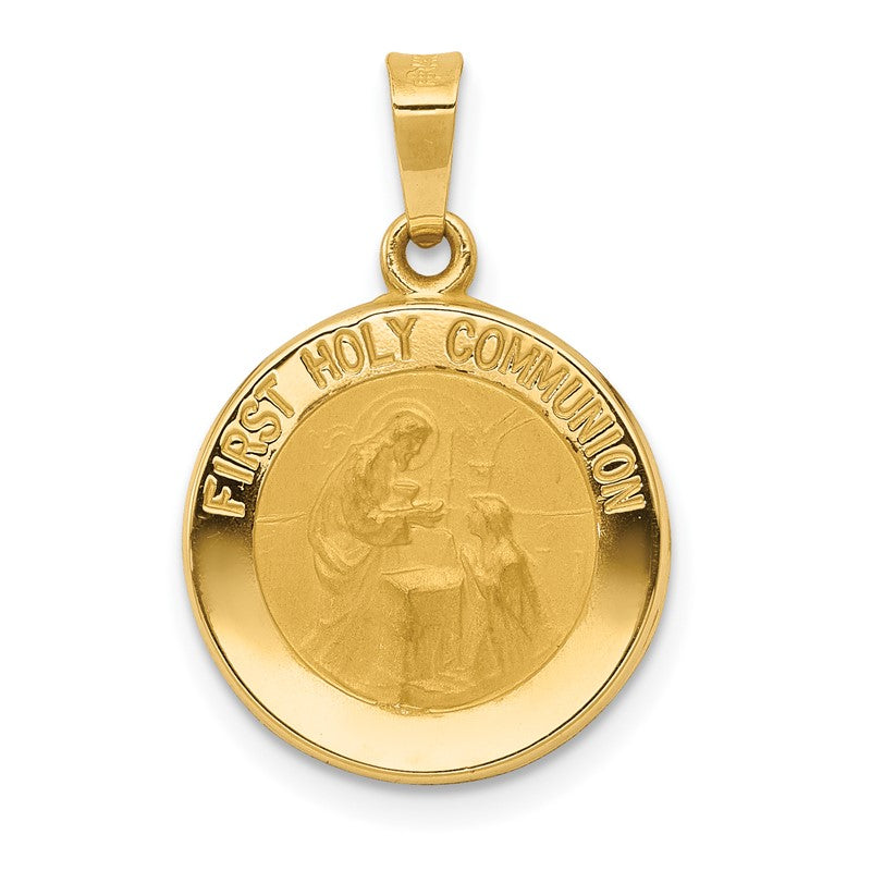 14k Polished and Satin Hollow FIRST HOLY COMMUNION Medal Round Pendant XR1388