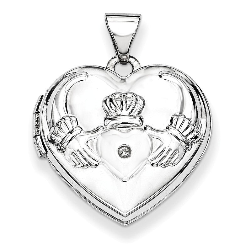 14k White Gold Diamond Claddagh with Poem on Reverse 18mm Heart Locket XL307