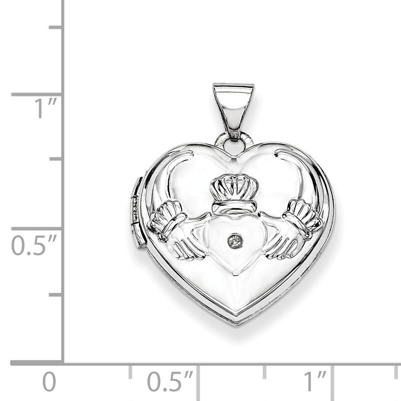 14k White Gold Diamond Claddagh with Poem on Reverse 18mm Heart Locket XL307