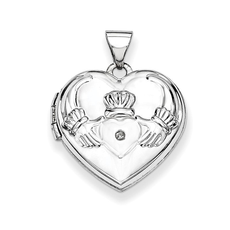 14k White Gold Diamond Claddagh with Poem on Reverse 18mm Heart Locket XL307