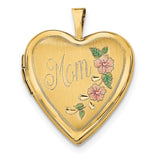 14k Pink and Green Enameled Floral MOM Script 20mm Heart Locket XL612