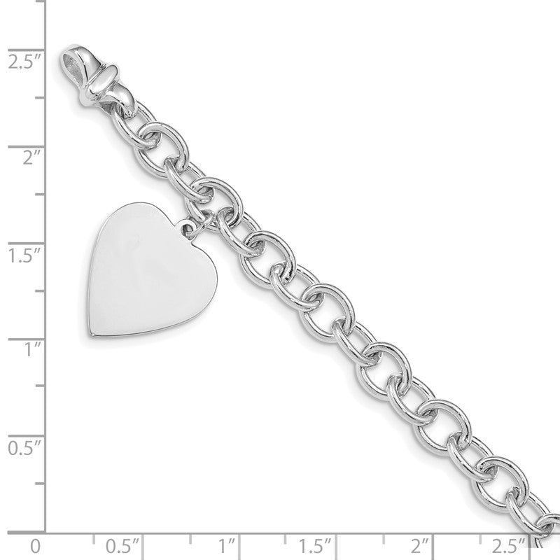 14k White Gold Engravable 23x17mm Solid Dangle Heart Charm and Solid Polished Link 7.5 inch Bracelet WLK313