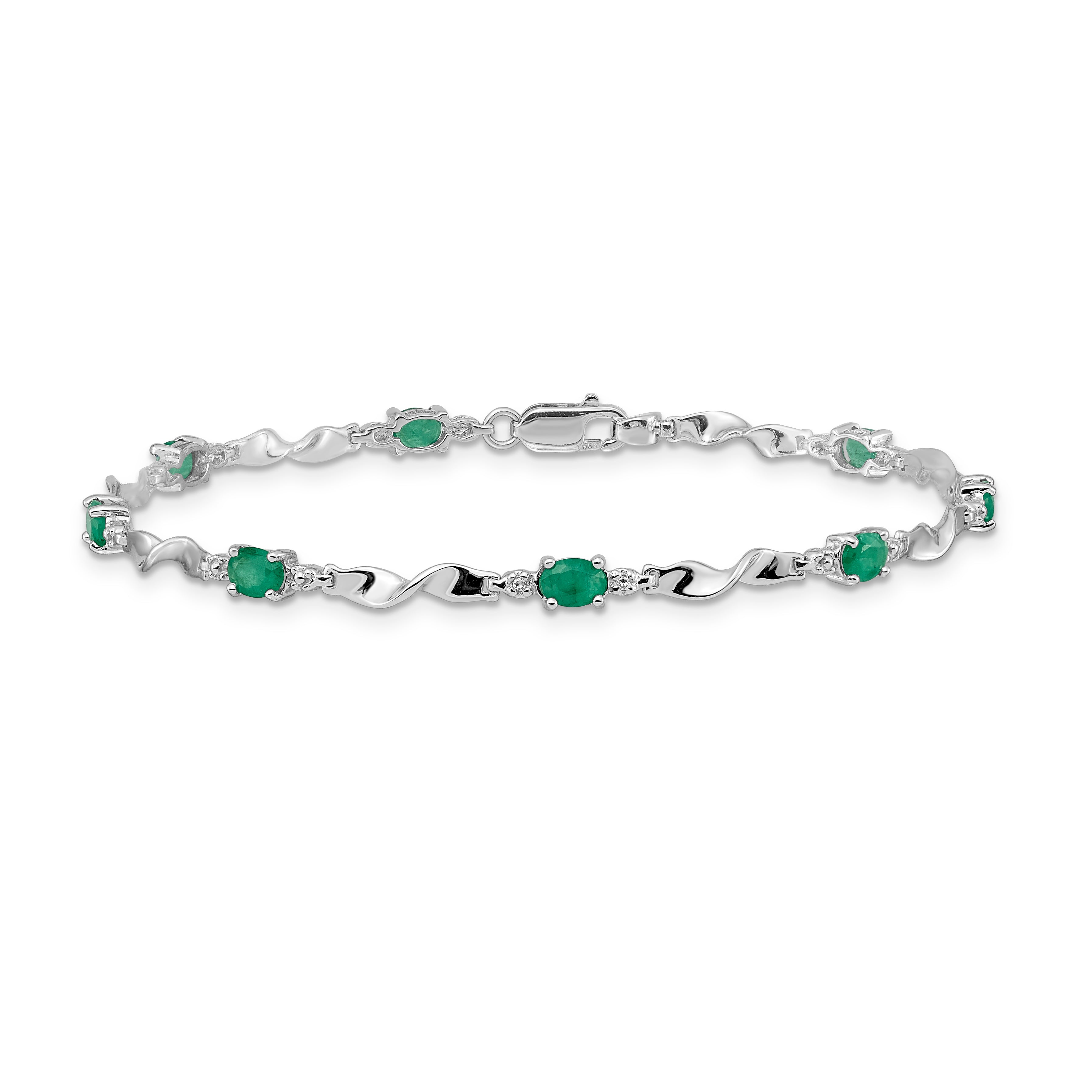 14k White Gold Complete Diamond and Oval Emerald Twisted Link 7 inch Bracelet BM4475