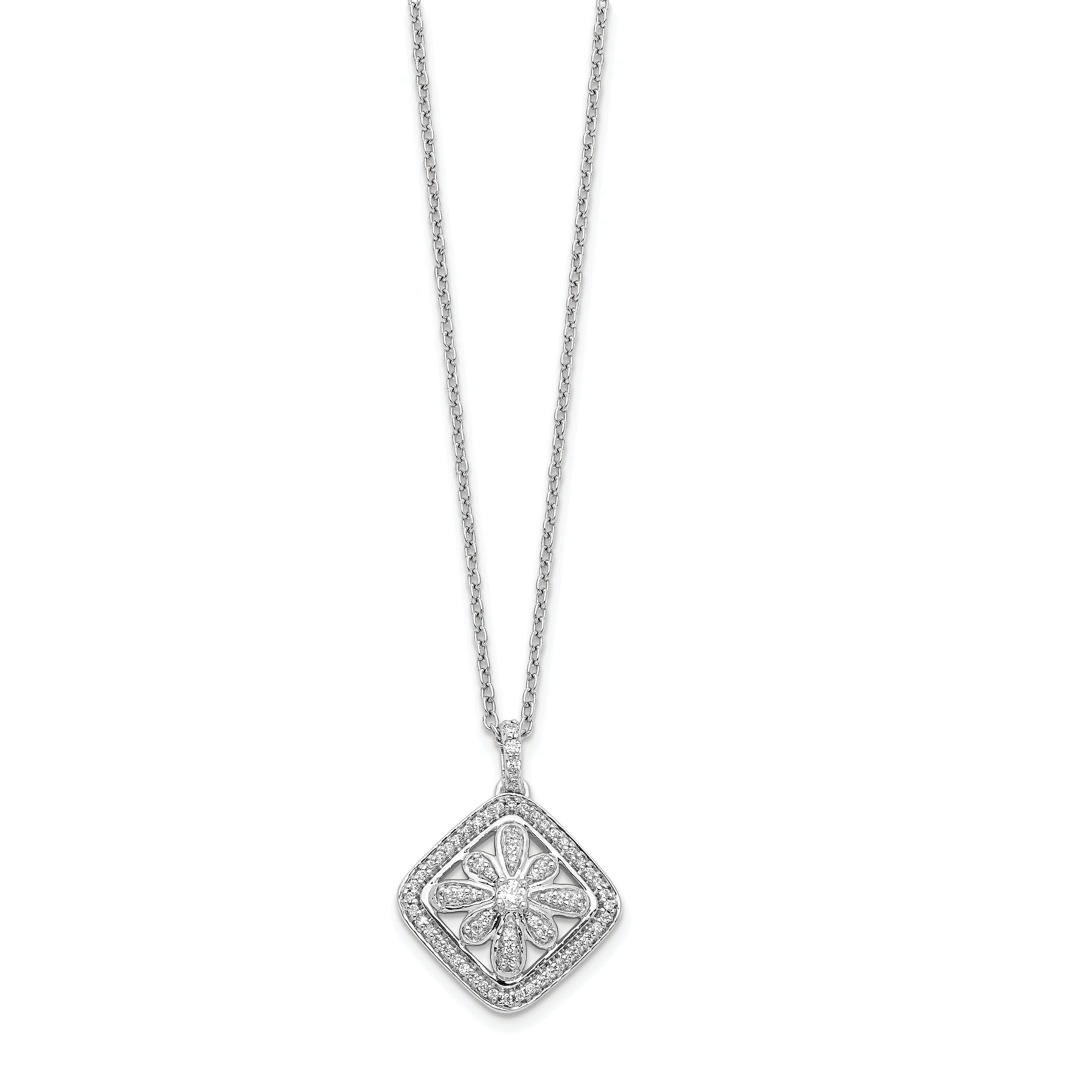 14k White Gold 1/4 carat Diamond Vintage Floral Pendant 18 inch Necklace PM3794