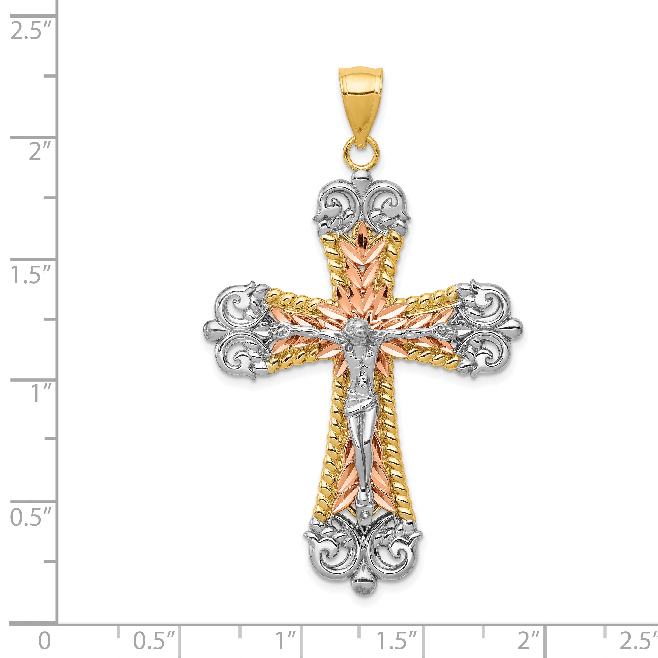 14K Tri-Color and White Rhodium Large Diamond-cut Crucifix Pendant D3653