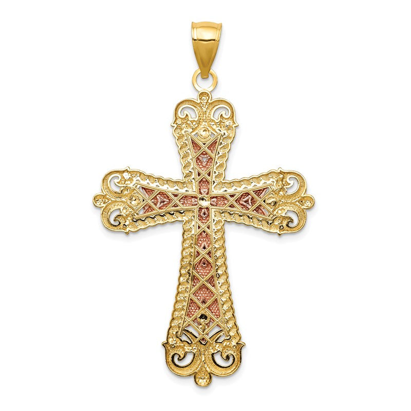 14K Tri-Color and White Rhodium Large Diamond-cut Crucifix Pendant D3653