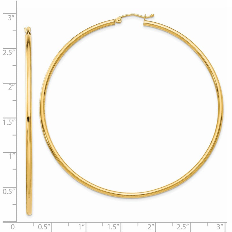 14K 2.5x65mm Polished Round Tube Hoop Earrings T930