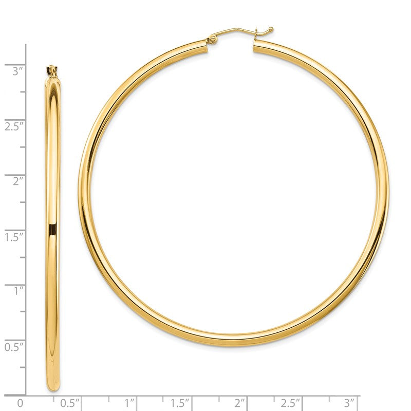 14k 3x70mm Polished Lightweight Round Tube Hoop Earrings TF552L