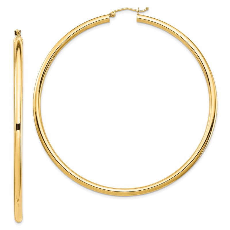 14k 3x70mm Polished Lightweight Round Tube Hoop Earrings TF552L