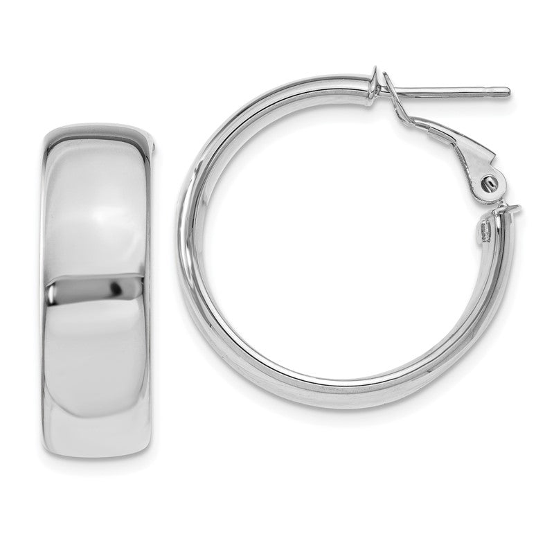 14k White Gold 8x24mm Polished Flat Tube Omega Back Hoop Earrings PRE735W