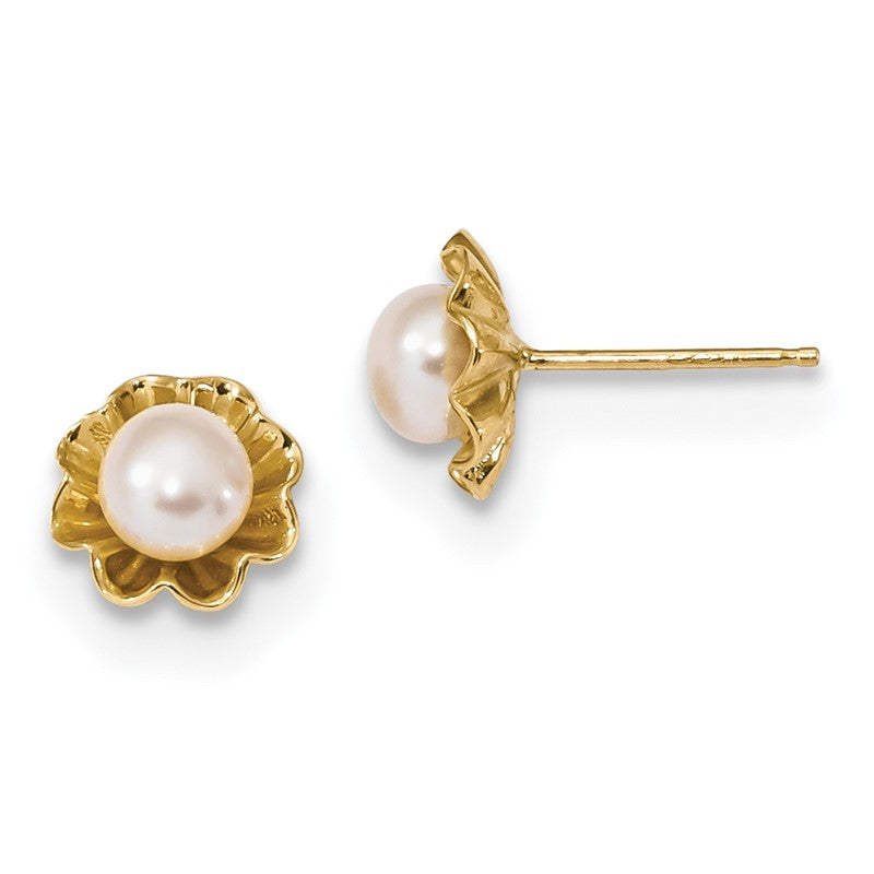 14k 5-6mm White Button Freshwater Cultured Pearl Flower Post Earrings XF614E