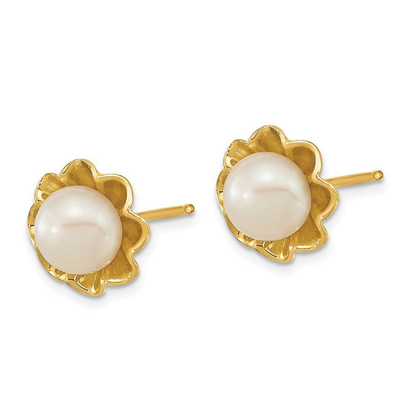 14k 5-6mm White Button Freshwater Cultured Pearl Flower Post Earrings XF614E