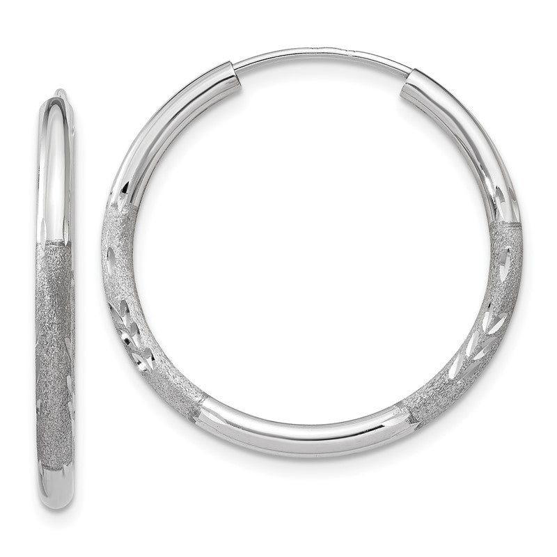 14k White Gold 2x20mm Satin Diamond-cut Endless Tube Hoop Earrings XY1202