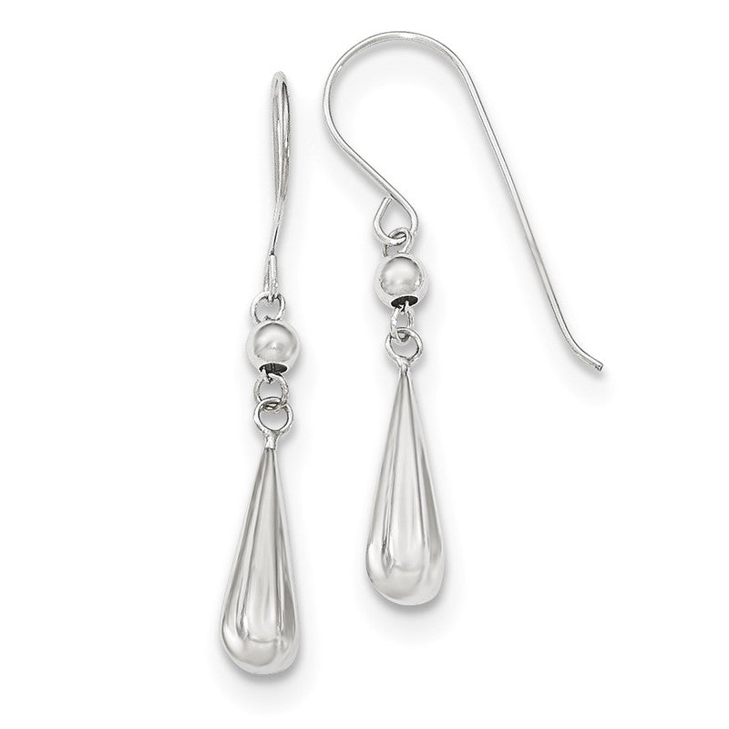 14K White Gold Grooved Puffed Teardrop Dangle French Hook Earrings TH933