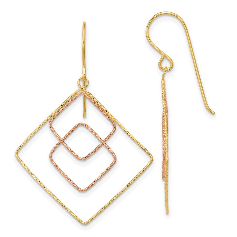14k Two-tone Diamond-cut Graduated Square Drop French Hook Earrings TL1004