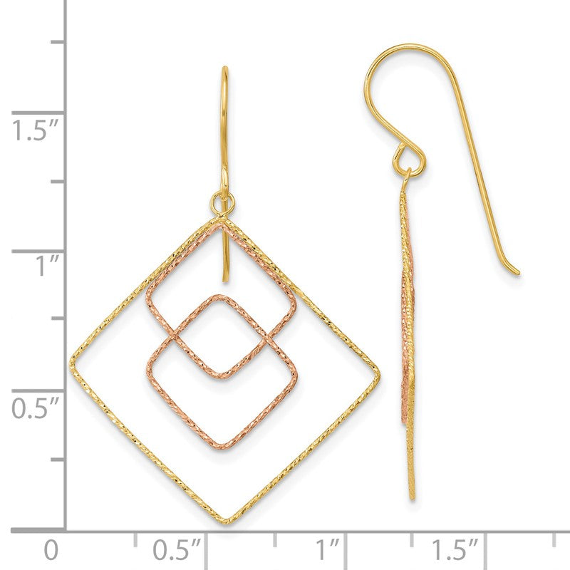 14k Two-tone Diamond-cut Graduated Square Drop French Hook Earrings TL1004