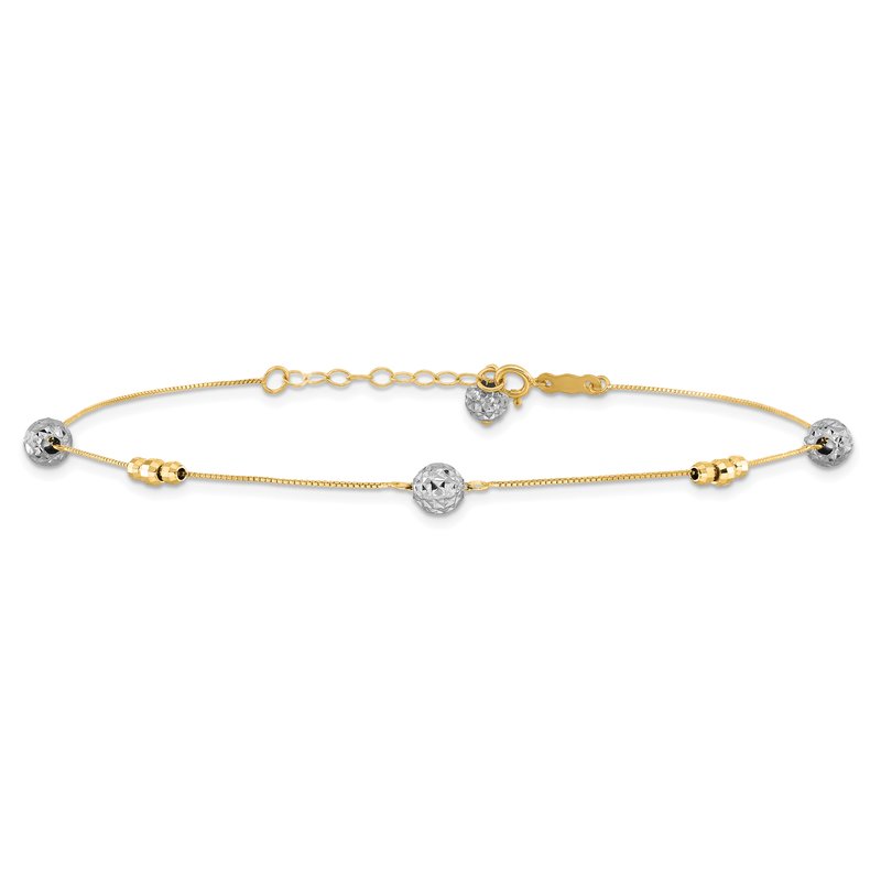 14k Two-tone Textured and Mirror Beads 5-Station 9 inch Plus 1 inch Bead Dangle Extender - Total 10 inch Anklet ANK229