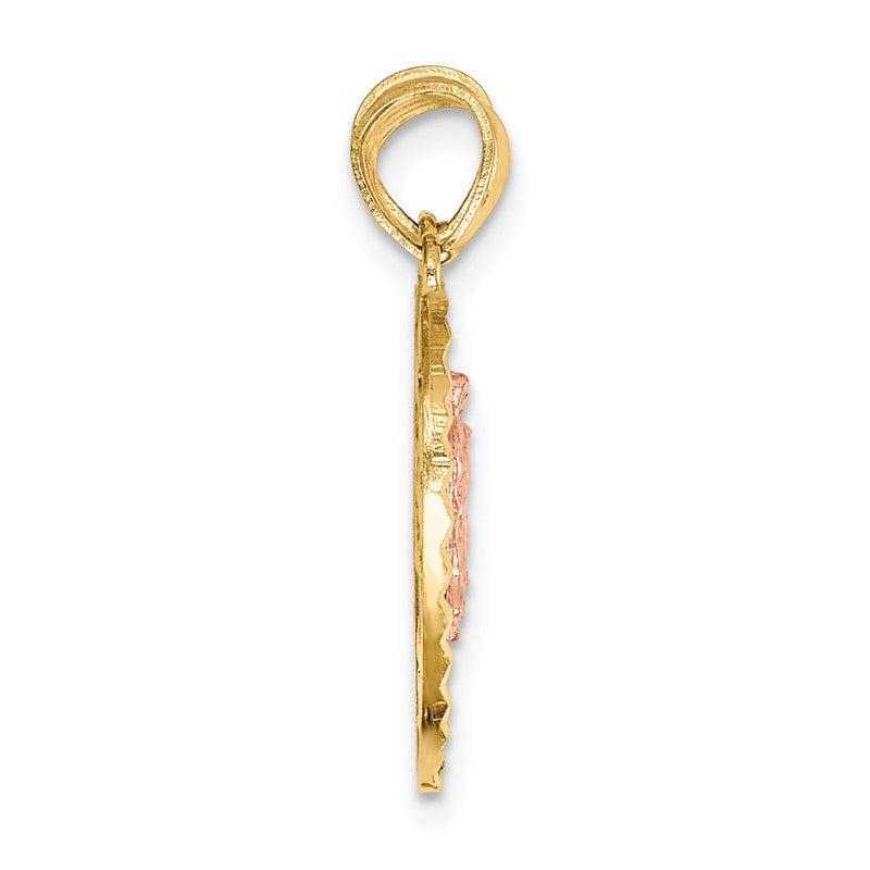 14K Two-tone Reversible Spanish Solid Our Lady of Guadalupe and Crucifix TE AMO Break-apart Heart Pendant C4780
