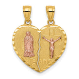 14K Two-tone Reversible Spanish Solid Our Lady of Guadalupe and Crucifix TE AMO Break-apart Heart Pendant C4780