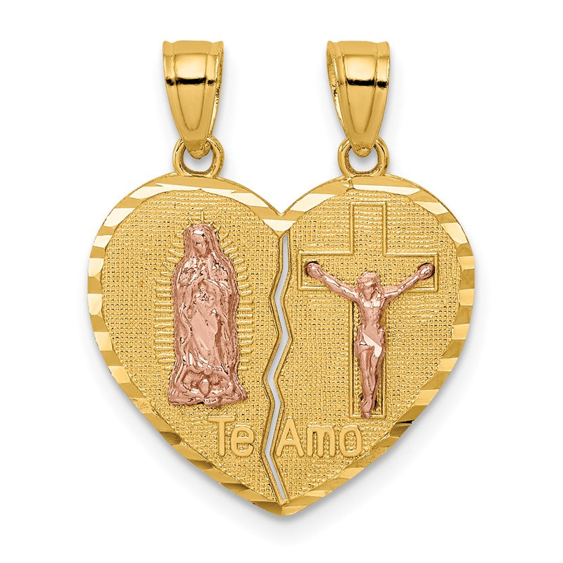 14K Two-tone Reversible Spanish Solid Our Lady of Guadalupe and Crucifix TE AMO Break-apart Heart Pendant C4780