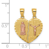 14K Two-tone Reversible Spanish Solid Our Lady of Guadalupe and Crucifix TE AMO Break-apart Heart Pendant C4780
