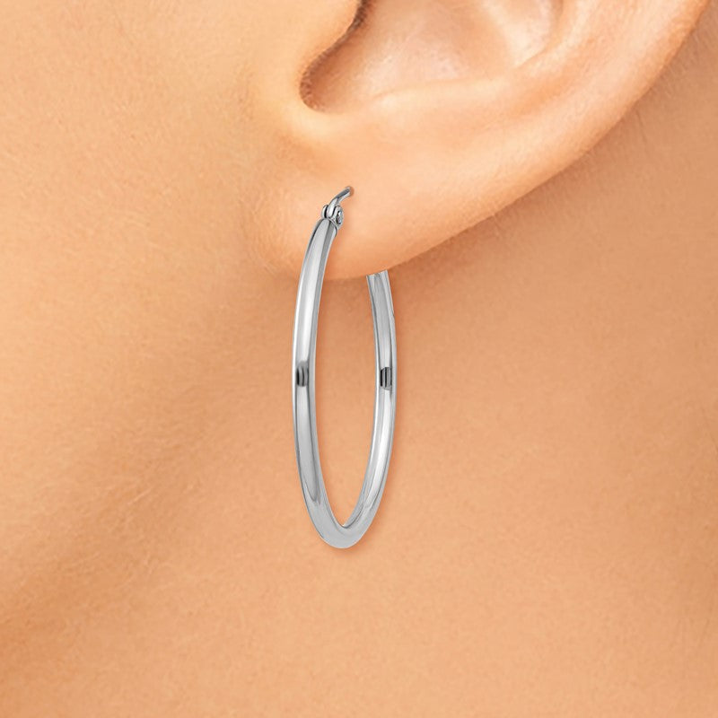 14k White Gold 2x30mm Polished Tube Hoop Earrings T826