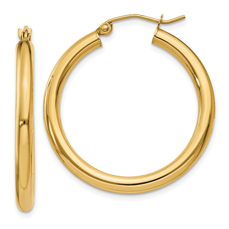14K 3x30mm Polished Tube Hoop Earrings T936