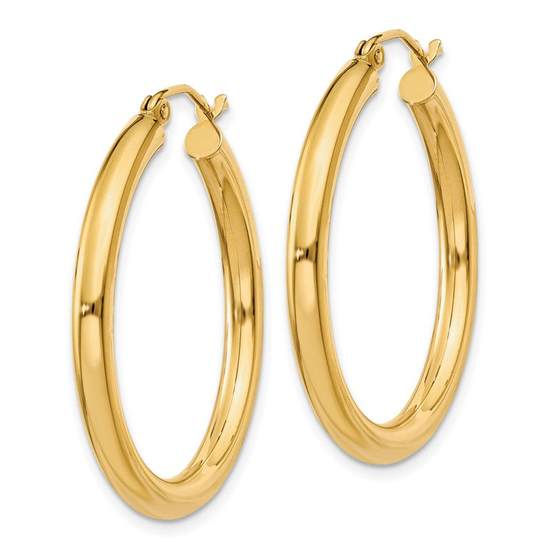 14K 3x30mm Polished Tube Hoop Earrings T936