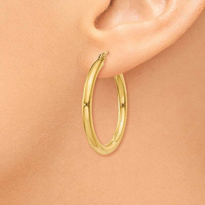 14K 3x30mm Polished Tube Hoop Earrings T936