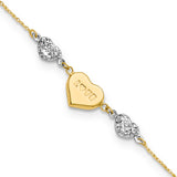 14K Two-tone Puffed LOVE Heart and Diamond-cut Beads 7 inch Bracelet Plus 1 inch Heart Dangle Extender ANK276
