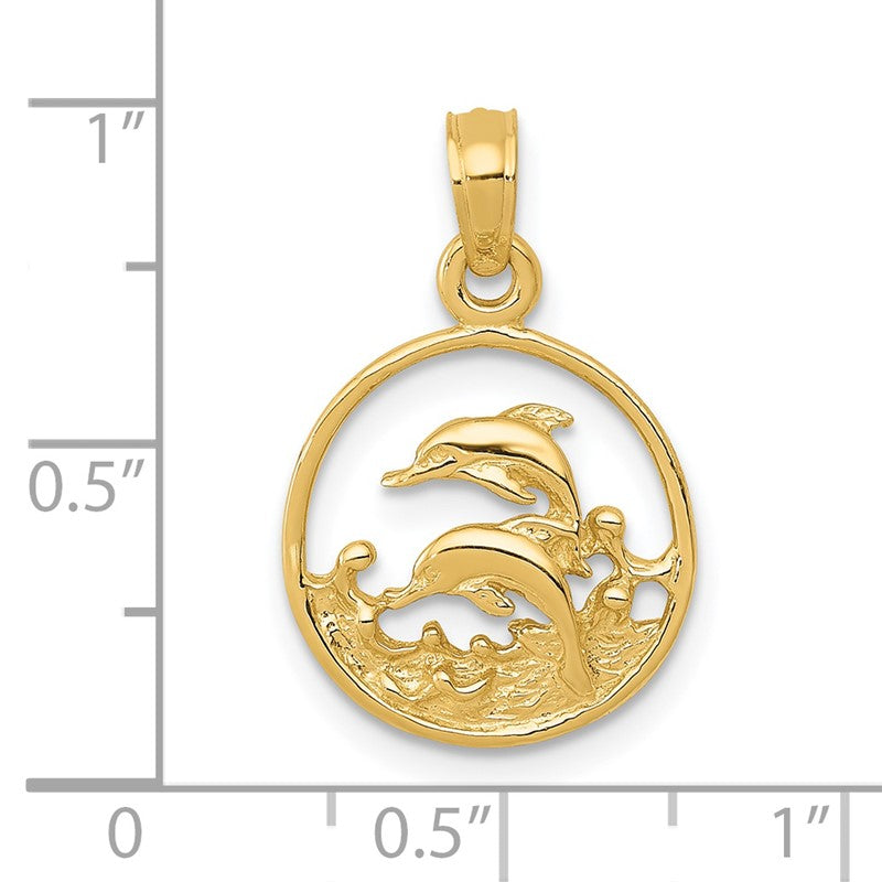 14k Double Dolphin Circle Pendant K3018