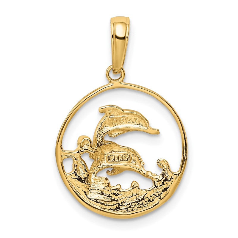 14k Double Dolphin Circle Pendant K3018