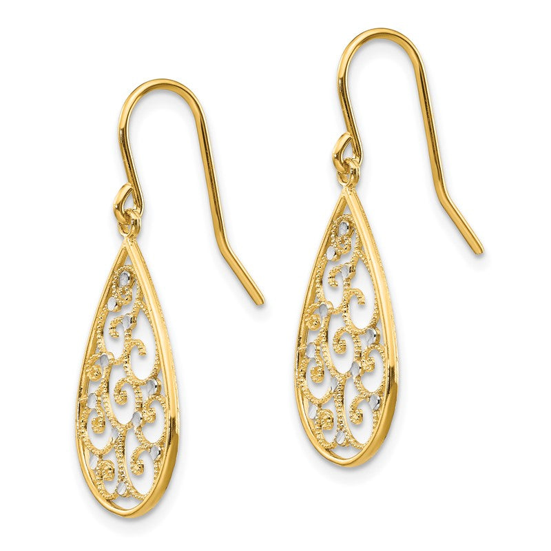 14k and White Rhodium Polished Swirl Teardrop Dangle French Hook Earrings TL894