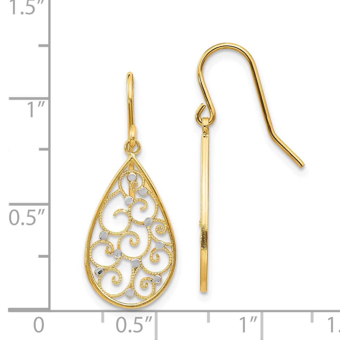 14k and White Rhodium Polished Swirl Teardrop Dangle French Hook Earrings TL894