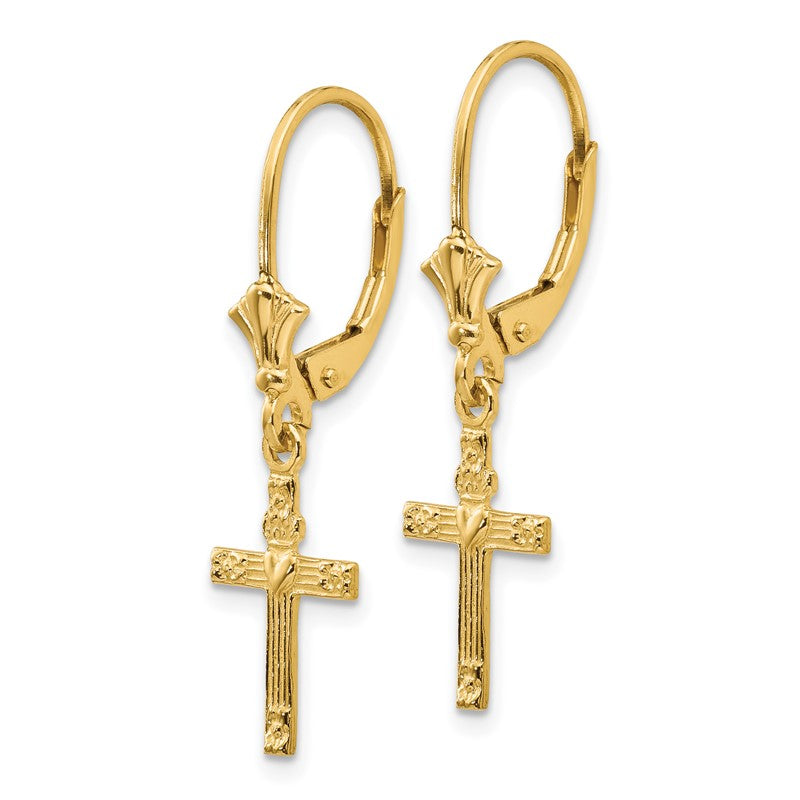 14K Cross with Heart Dangle Leverback Earrings K4531
