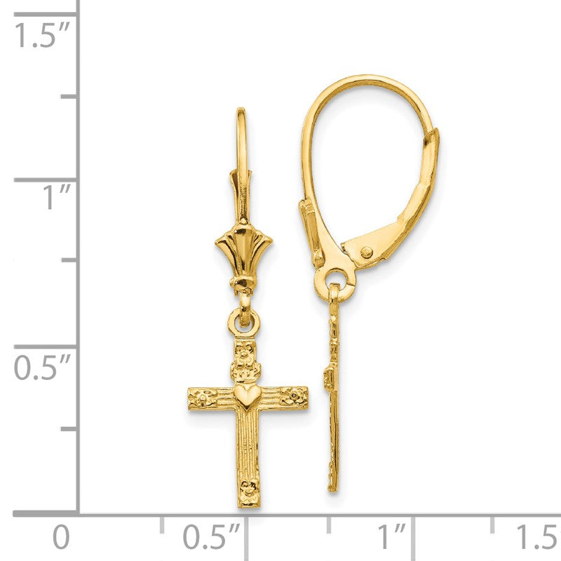 14K Cross with Heart Dangle Leverback Earrings K4531