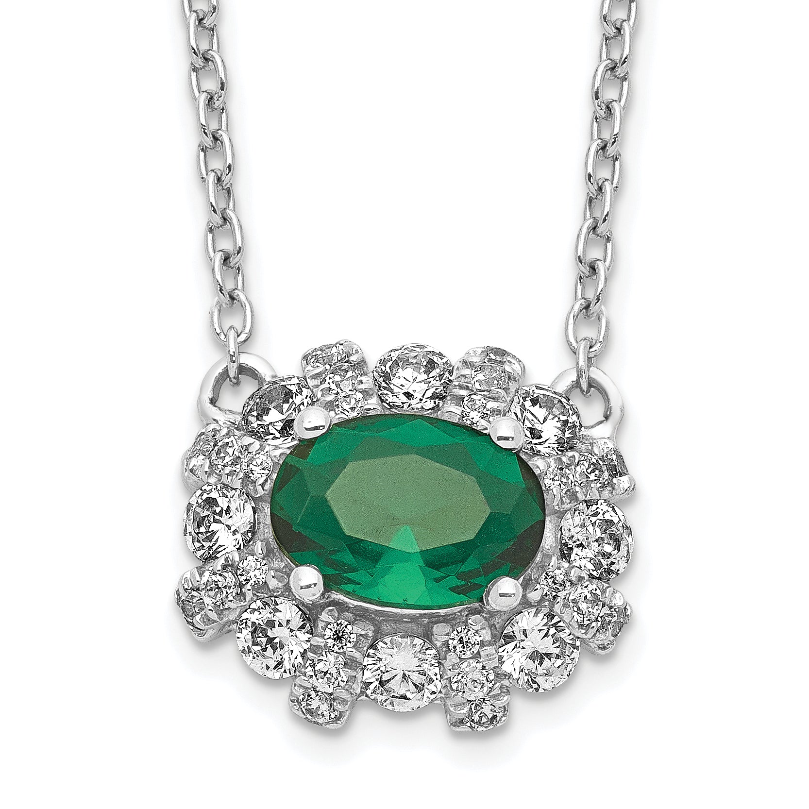 14k White Gold Diamond and Oval Emerald Fancy East-West 18 inch Necklace PM4025