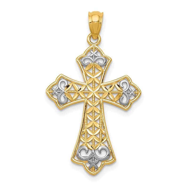 14k and White Rhodium Polished Diamond-cut Filigree Cross Pendant K6176