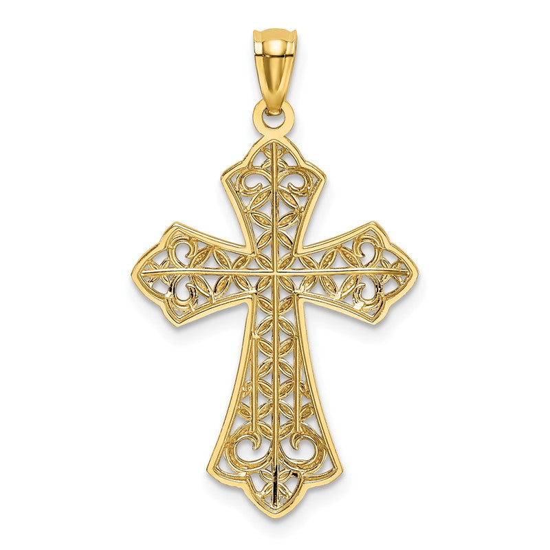 14k and White Rhodium Polished Diamond-cut Filigree Cross Pendant K6176