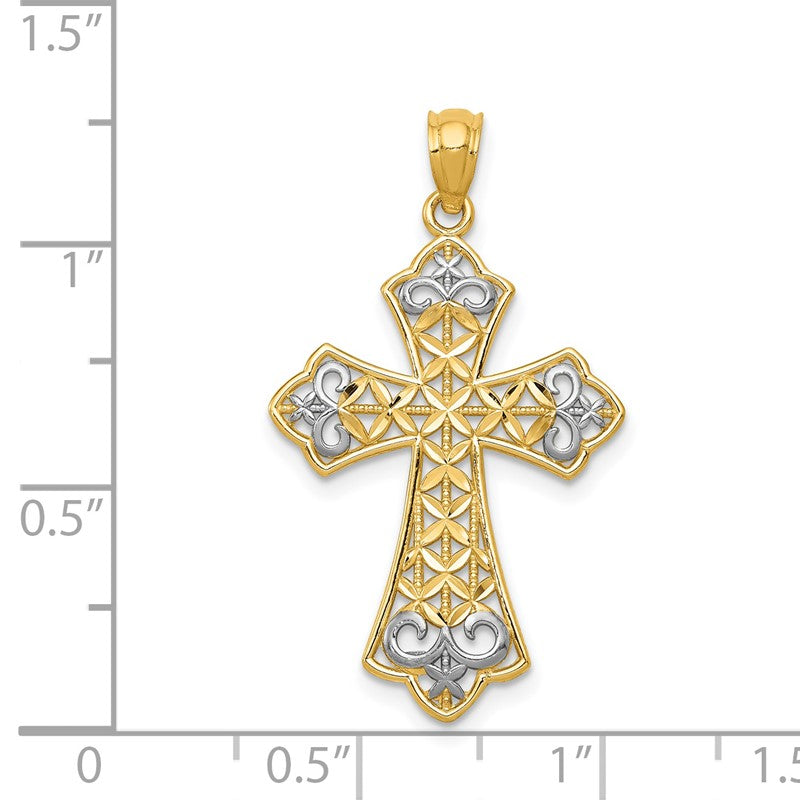14k and White Rhodium Polished Diamond-cut Filigree Cross Pendant K6176