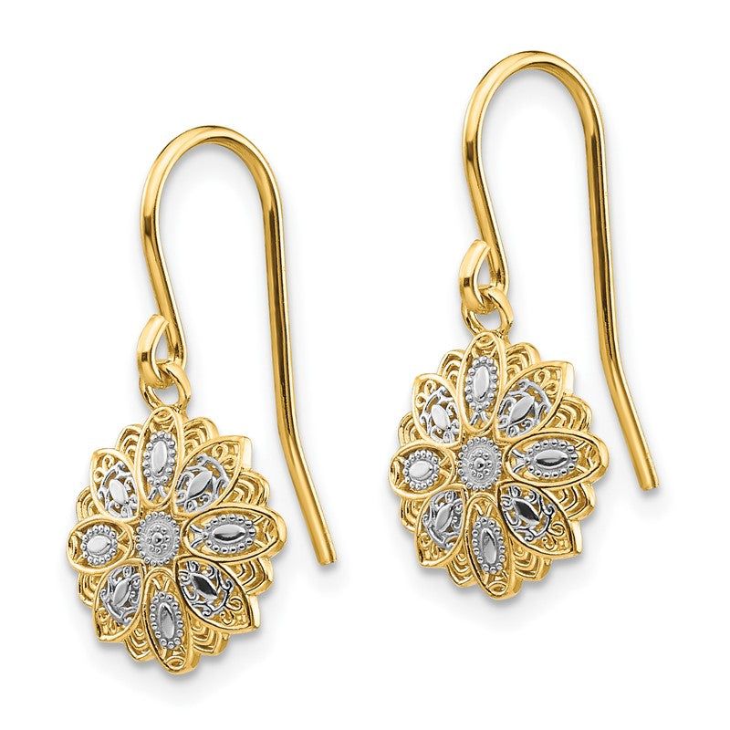 14k and White Rhodium Diamond-cut Polished Medallion Dangle Wire Earrings TM740