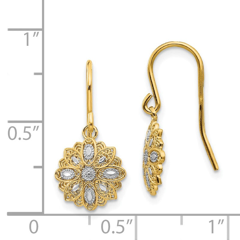 14k and White Rhodium Diamond-cut Polished Medallion Dangle Wire Earrings TM740
