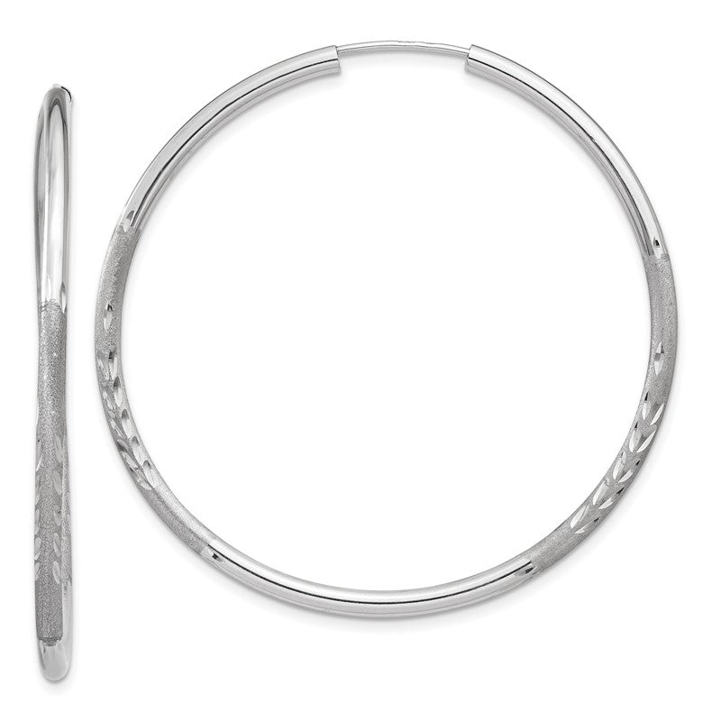 14k White Gold 2x40mm Satin Diamond-cut Endless Tube Hoop Earrings XY1204